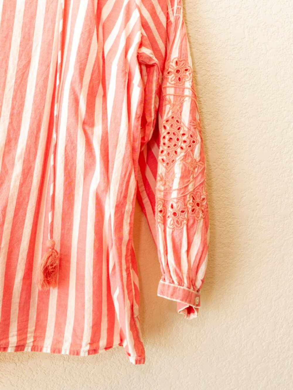St. John's Bay XL Pink White Stripe Peasant Top Cotton Tassel Boho Embroidered - Picture 7 of 13
